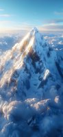 Majestic snow-covered mountain peak rising above clouds at sunrise, dramatic sunlight illuminating white slopes against blue sky, creating ethereal alpine landscape.
