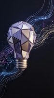 Polygonal light bulb with flowing digital streams representing innovation, creativity and futuristic technology concepts for business presentations.