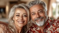 Mature Caucasian couple smiling at camera, woman with blonde hair and man with gray beard wearing red floral shirt, representing happy retirement lifestyle.