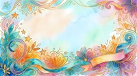 Colorful watercolor floral border with ornamental swirls, stars, and botanical elements on isolated white background. Perfect for invitations, greeting cards, and design projects.