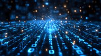 Glowing blue binary code matrix with light particles floating in dark digital space, representing data flow and cyber technology network connections.