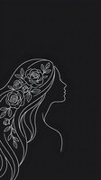 Elegant woman silhouette with roses in flowing hair on black background. Minimalist line art design for beauty, fashion and feminine branding projects.