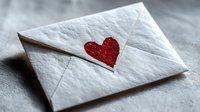 White envelope with glittery red heart seal on textured linen background, symbolizing romantic message or love letter for Valentine's Day or anniversary celebration.