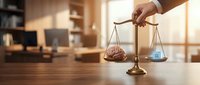 Hand holding golden scales of justice with brain and house model in modern office setting representing legal property decisions and real estate law consultation.
