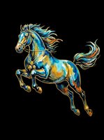 Ornate horse with flowing mane and tail in blue and gold tones, isolated on transparent background. Ready for t-shirt design, clipart, stickers, sublimation, and print-on-demand products.