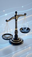 Ornate black and gold scales of justice with glowing digital network lines representing modern legal technology and judicial balance in contemporary law practice.