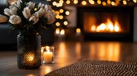 Cozy evening atmosphere with white tulips in textured vase, lit candles, and fireplace creating warm bokeh lights. Romantic home interior with woven placemat on wooden table.