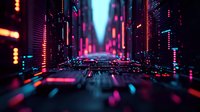 Futuristic cyberpunk cityscape with neon lights in pink and blue colors, glowing skyscrapers creating perspective view down illuminated street at night.