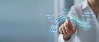 Businessman in white shirt touching digital interface with glowing icons representing digital transformation, analog era, and future workflows for business technology concepts.