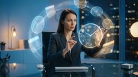 Businesswoman in dark blazer interacting with glowing digital clock and globe holograms in modern office at night, representing time management, global business, and technology innovation.