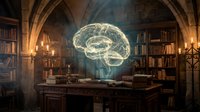 Glowing brain hologram floating above antique wooden desk in medieval library with stone arches, bookshelves and candlelight for neuroscience education concepts.