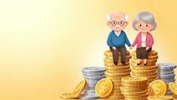 Senior elderly couple sitting on golden coins stack representing retirement savings and financial security planning for future pension fund.