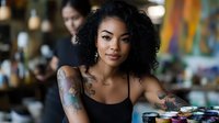 Young African American woman with natural curly hair and tattoos sitting at table with art supplies, expressing creativity and confidence in casual modern setting.