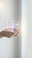 Hand holding glowing neon business icons and workflow symbols representing digital strategy, innovation, and technology solutions for corporate growth and success.