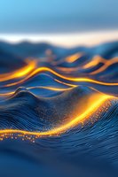 Abstract digital waves with glowing golden light flowing through blue particle landscape, creating dynamic motion and depth for technology backgrounds.