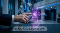 Business professional interacting with holographic data privacy interface displaying policy guidelines 2024 compliance regulations in modern office.