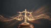 Golden scales of justice with flowing light trails and sparkling particles on dark background symbolizing legal balance fairness and judicial system.