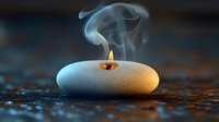 Glowing candle on smooth white stone with rising smoke against dark background creates serene spa atmosphere. Perfect for wellness and meditation designs.
