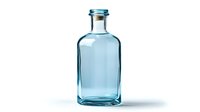 Empty blue glass bottle with cork stopper on white background, transparent aqua tinted container isolated for product mockup and design projects.