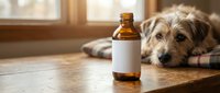Amber glass bottle with blank white label on wooden table, fluffy dog resting in background, warm light, pet health and wellness concept.