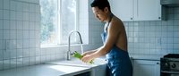 Young Asian man washing fresh asparagus at kitchen sink, wearing denim apron, bright modern kitchen interior, healthy cooking preparation.