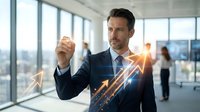 Professional businessman analyzing digital growth charts and data visualization in modern office environment for business strategy and financial planning.