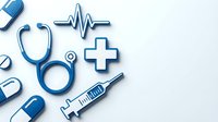 Medical equipment and healthcare symbols on white background with stethoscope, syringe, pills and heartbeat line for clinical design projects.