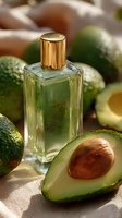 Elegant glass bottle of avocado oil or perfume with gold cap surrounded by fresh avocados in warm sunlight on natural fabric.