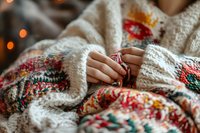 Female hands holding knitting needles wrapped in cozy white sweater with colorful floral embroidery pattern. Warm bokeh lights create atmospheric winter mood.