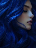 Asian woman with vibrant electric blue wavy hair in profile view against dark background, closed eyes and natural makeup showing serene expression.