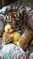 Adorable tiger cub sleeping peacefully while cuddling yellow rubber duck toy on soft pink blanket. Sweet wildlife baby animal resting with favorite toy.
