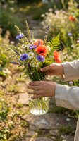 Hands holding wildflower bouquet with red poppies, purple cornflowers, wheat, and fern in glass vase outdoors. Perfect for floral design, gardening, and lifestyle projects.