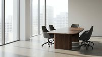 Modern conference room with wooden table and black chairs overlooking city skyline through floor-to-ceiling windows for corporate meetings and business presentations.