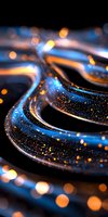 Abstract swirling lines with glowing blue and orange bokeh lights on black background create magical cosmic effect. Sparkling particles add ethereal atmosphere.