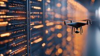 Flying drone near server rack with glowing orange lights and bokeh effect in modern data center, showcasing technology surveillance and security monitoring.