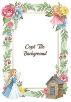 Watercolor floral frame with fairy tale characters and cottage. Decorative border featuring blonde fairies in dresses, roses, leaves and wooden house for invitations.