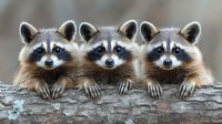 Three curious raccoons peeking over fallen log with paws resting on bark, displaying characteristic masked faces and alert expressions in natural woodland setting.