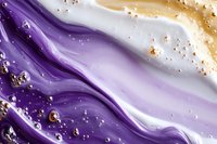 Purple and white fluid art with gold accents creates flowing marble texture. Liquid paint swirls form organic patterns with metallic highlights for luxury design.