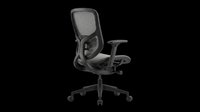 Black mesh office chair with lumbar support, adjustable armrests, and wheels isolated on transparent background. Ready for e-commerce, furniture design, interior mockups, and print-on-demand applications.