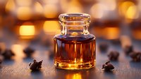 Essential clove oil in glass bottle with dried cloves scattered on wooden surface against warm bokeh background, aromatherapy and natural medicine concept.