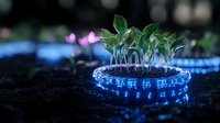 Young green plant seedlings growing from soil illuminated by glowing blue LED ring light creating futuristic agricultural technology concept with dark background.