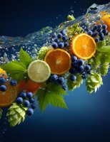 Fresh citrus fruits and blueberries with green leaves in splashing water against dark blue background, creating dynamic food composition.