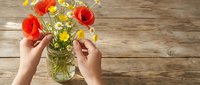 Female hands arranging red poppies and yellow wildflowers in glass vase on wooden table. Florist arranging fresh spring blooms for home decoration or gift.