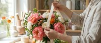 Woman florist arranging pink roses and white flowers in ceramic vase at bright workshop table creating beautiful bouquet for special occasion or gift.