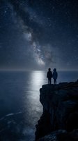 Two silhouettes standing on rocky cliff edge under starry night sky with Milky Way galaxy reflected on calm ocean water for romantic astronomy concepts.