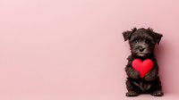 Black terrier puppy sitting upright holding red heart shape against pink background, isolated studio shot for valentines day cards and pet love concepts.