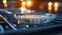 Crystal glass dish with sparkling water droplets on dark surface, illuminated by warm bokeh lights creating magical reflective atmosphere and elegant mood.