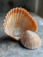 Orange and white seashells on textured stone surface, displaying natural ridged patterns and delicate striations in warm lighting for coastal decor and nature studies.