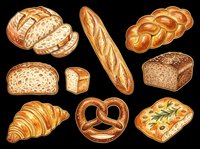 Assorted fresh baked bread loaves, sliced bread, croissant, pretzel and focaccia isolated on transparent background. Ready for bakery designs, food packaging, menus, t-shirts and print-on-demand products.