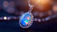 Luminous opal pendant necklace with diamond halo setting against dark background with soft bokeh lights, showcasing iridescent blue and rainbow fire play in gemstone.